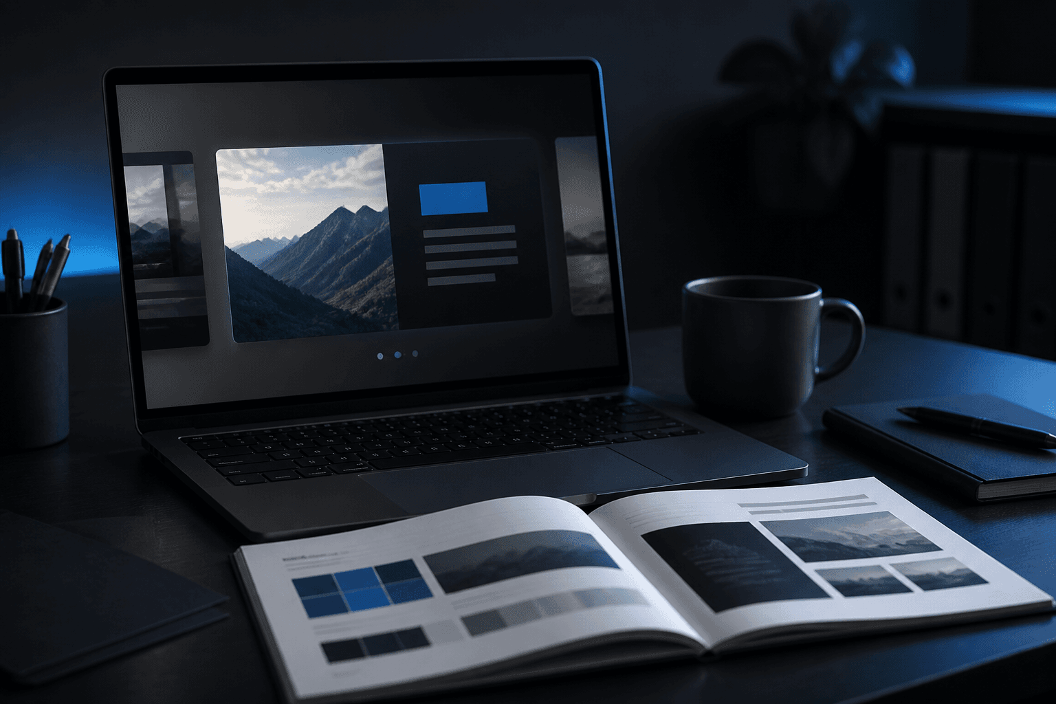 In-house marketing desk with brand kit and carousel preview